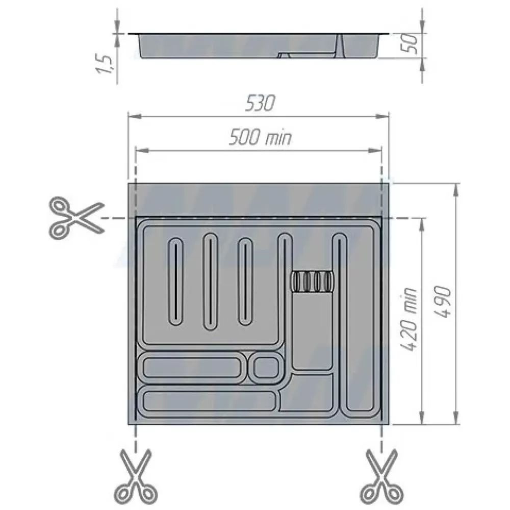 Лоток кухонный для столовых приборов для ящика c фасадом 600 мм, 490*530*50 мм, материал пластик, цвет серый базальт, арт. R160SC9740 стоимость 1 290 руб.