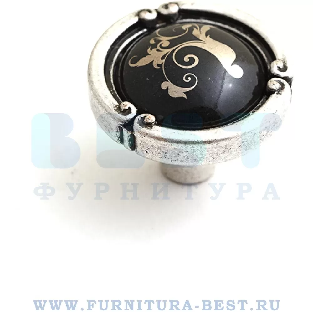 Ручка-кнопка, d=35*26 мм, материал цамак, цвет античное серебро + чёрная керамика с рисуноком, арт. 15.090.35.PO26B.16 стоимость 1 315 руб.